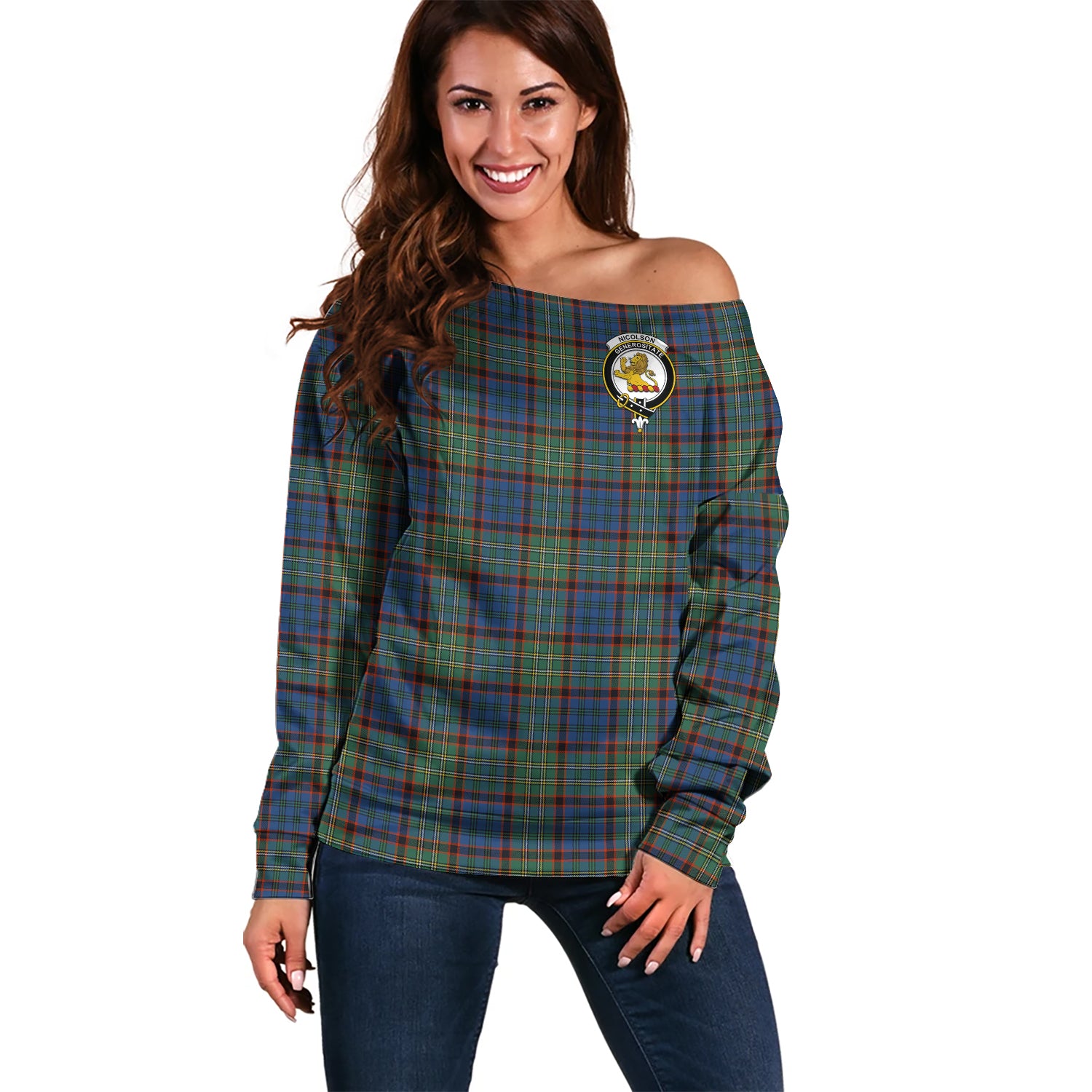 Nicolson Hunting Ancient Tartan Off Shoulder Women Sweater with Family Crest Women - Tartanvibesclothing