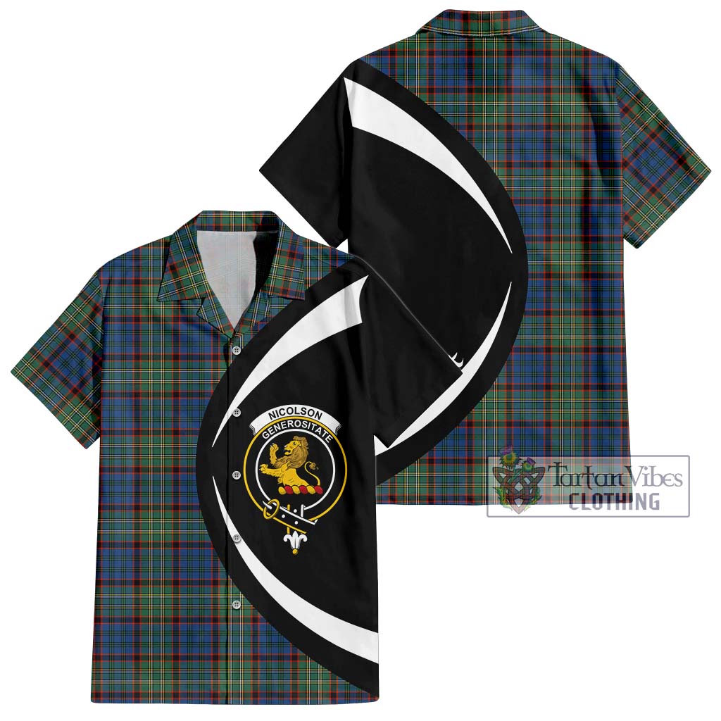 Nicolson Hunting Ancient Tartan Short Sleeve Button Up with Family Crest Circle Style Kid - Tartan Vibes Clothing