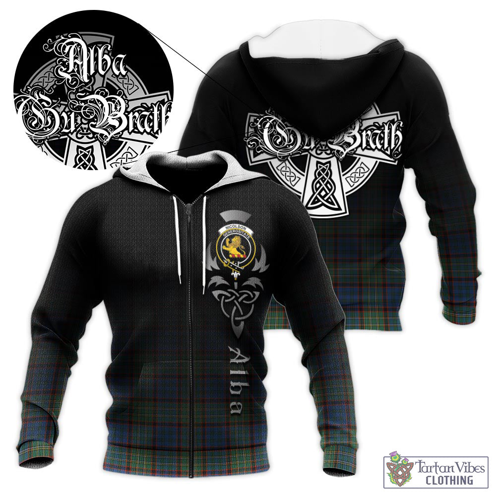 Tartan Vibes Clothing Nicolson Hunting Ancient Tartan Knitted Hoodie Featuring Alba Gu Brath Family Crest Celtic Inspired