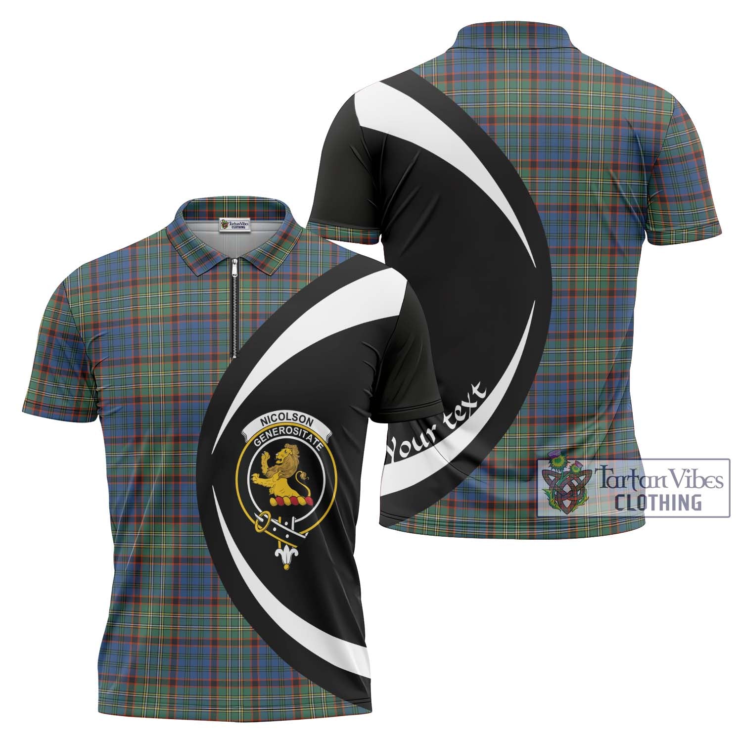 Tartan Vibes Clothing Nicolson Hunting Ancient Tartan Zipper Polo Shirt with Family Crest Circle Style