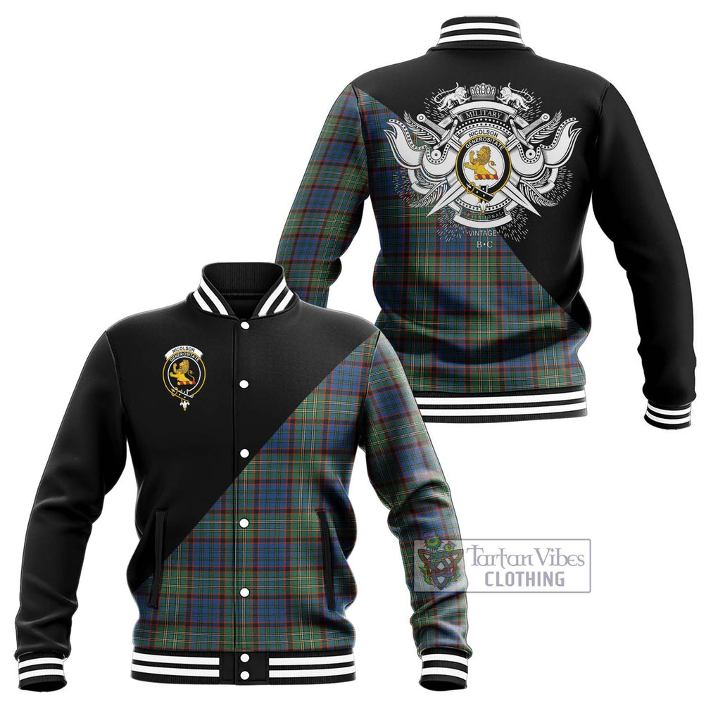 Nicolson Hunting Ancient Tartan Baseball Jacket with Family Crest and Military Logo Style Unisex - Tartanvibesclothing Shop