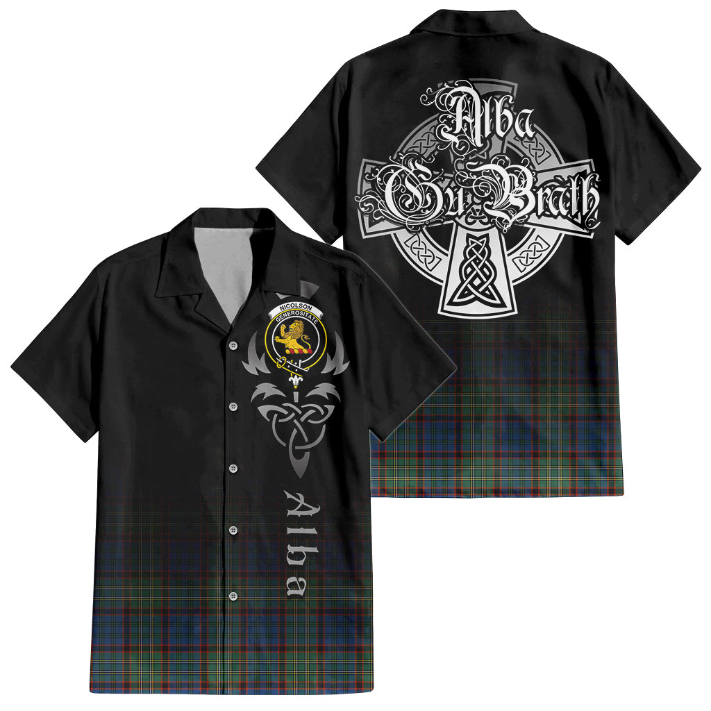 Tartan Vibes Clothing Nicolson Hunting Ancient Tartan Short Sleeve Button Up Featuring Alba Gu Brath Family Crest Celtic Inspired