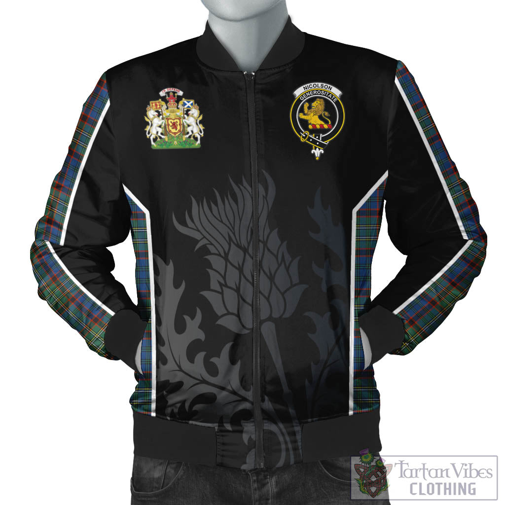 Tartan Vibes Clothing Nicolson Hunting Ancient Tartan Bomber Jacket with Family Crest and Scottish Thistle Vibes Sport Style