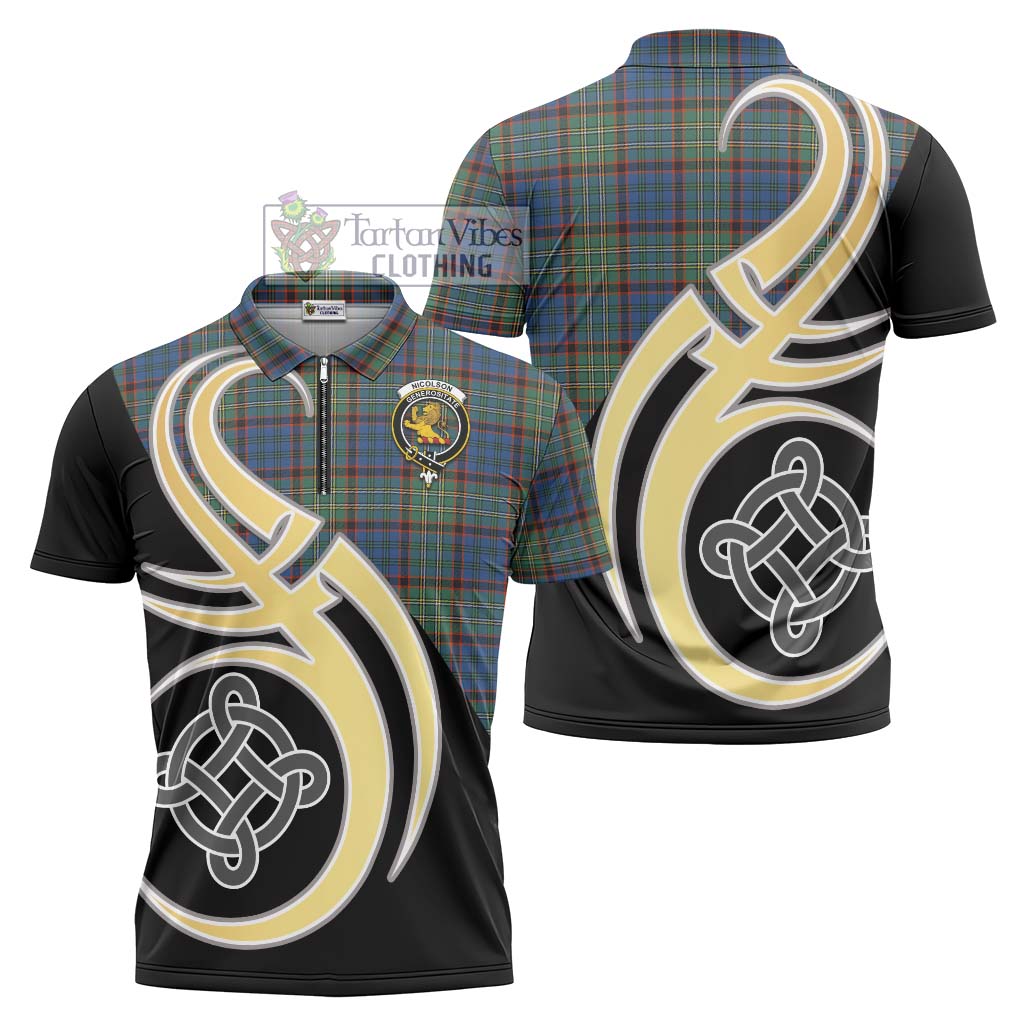 Tartan Vibes Clothing Nicolson Hunting Ancient Tartan Zipper Polo Shirt with Family Crest and Celtic Symbol Style