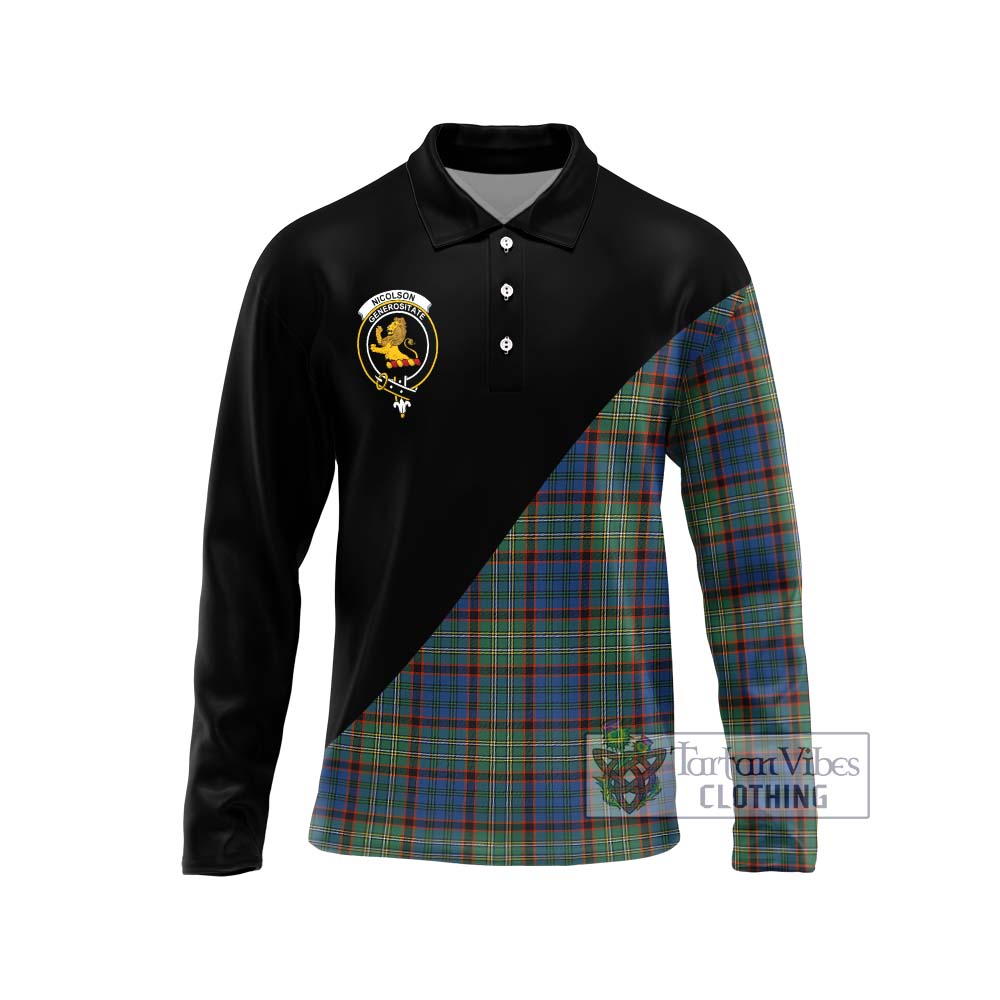 Nicolson Hunting Ancient Tartan Long Sleeve Polo Shirt with Family Crest and Military Logo Style Unisex - Tartanvibesclothing Shop