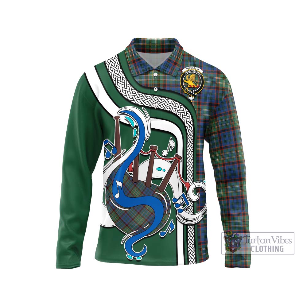 Tartan Vibes Clothing Nicolson Hunting Ancient Tartan Long Sleeve Polo Shirt with Epic Bagpipe Style