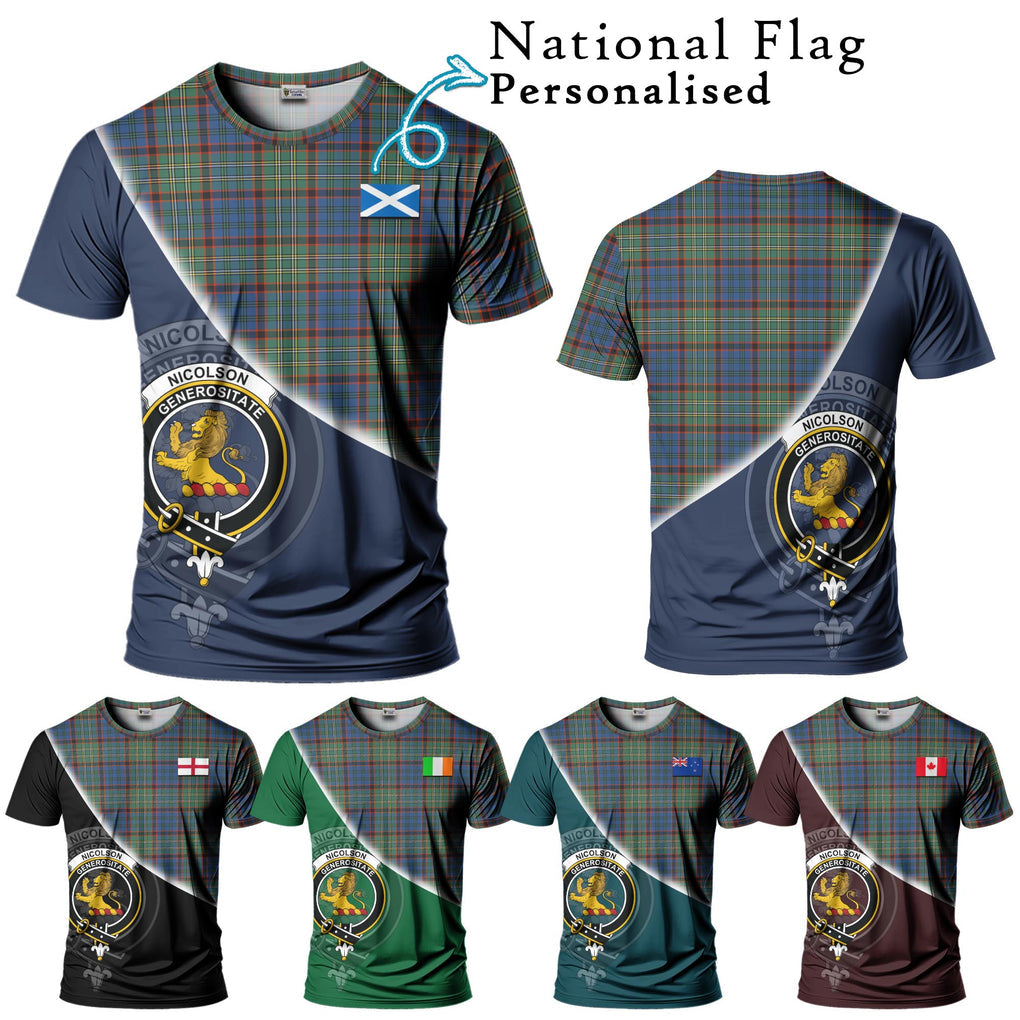 Nicolson Hunting Ancient Tartan T-Shirt with Personalised National Flag and Family Crest Half Style Kid's Shirt - Tartanvibesclothing Shop