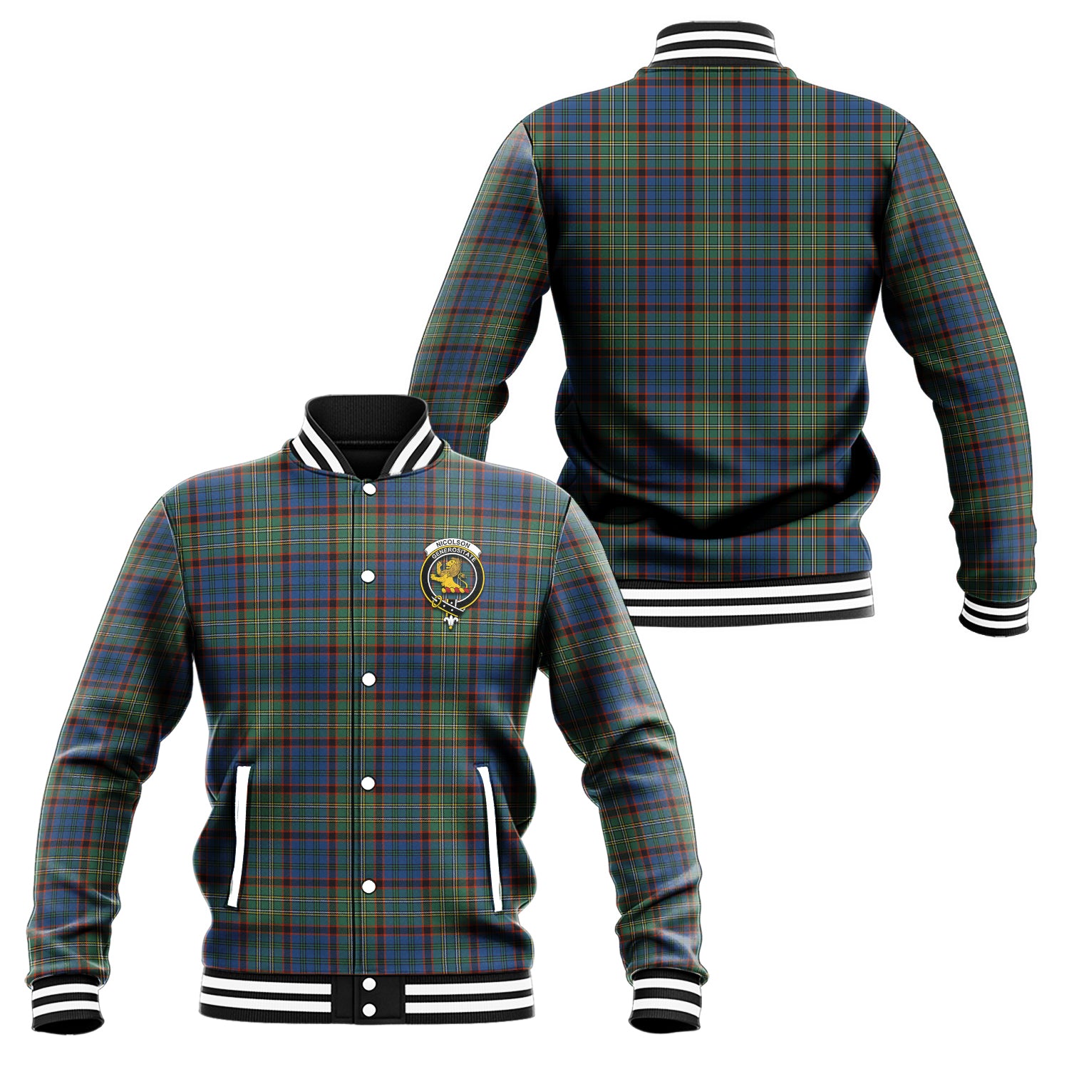 Nicolson Hunting Ancient Tartan Baseball Jacket with Family Crest Unisex - Tartan Vibes Clothing