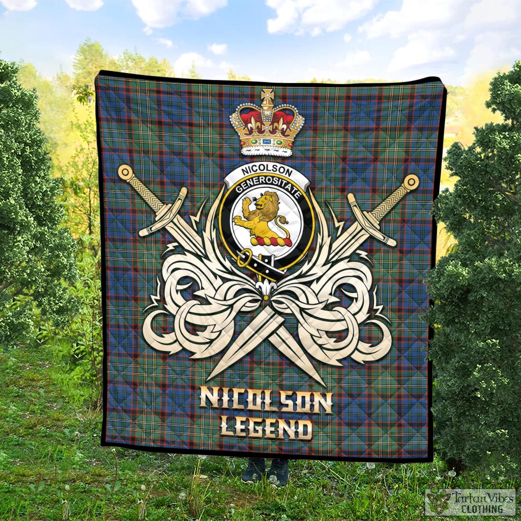 Tartan Vibes Clothing Nicolson Hunting Ancient Tartan Quilt with Clan Crest and the Golden Sword of Courageous Legacy