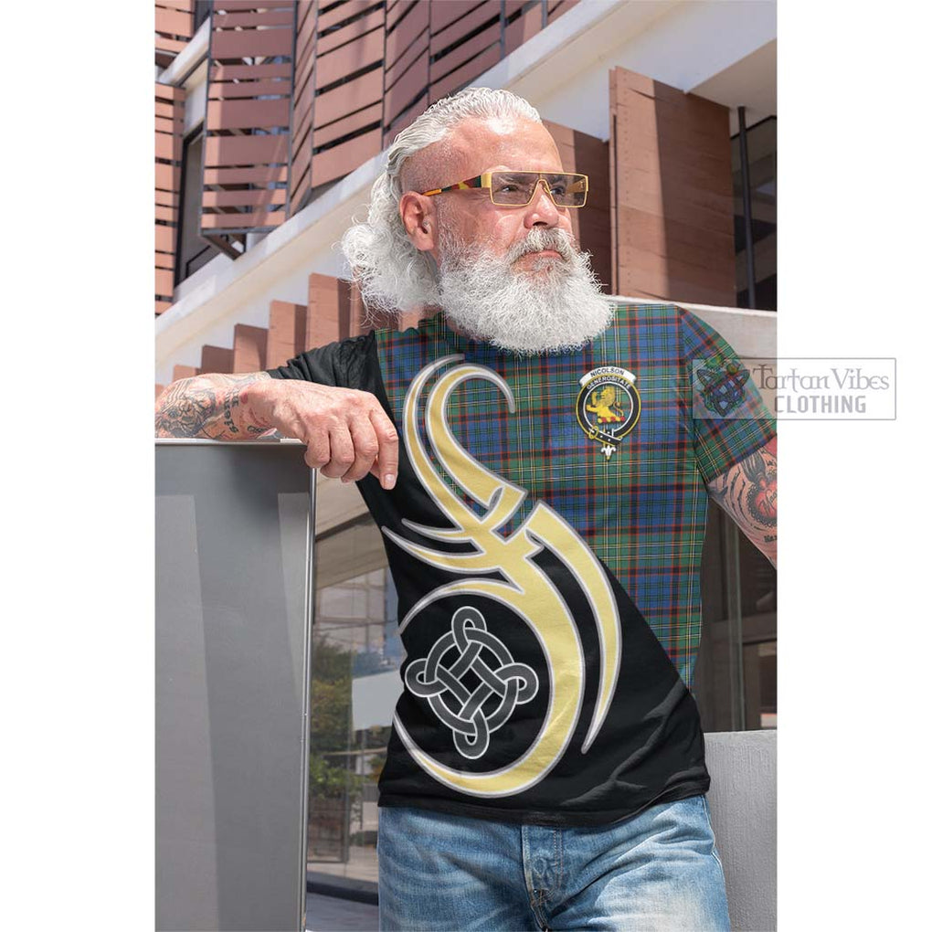 Tartan Vibes Clothing Nicolson Hunting Ancient Tartan Cotton T-shirt with Family Crest and Celtic Symbol Style