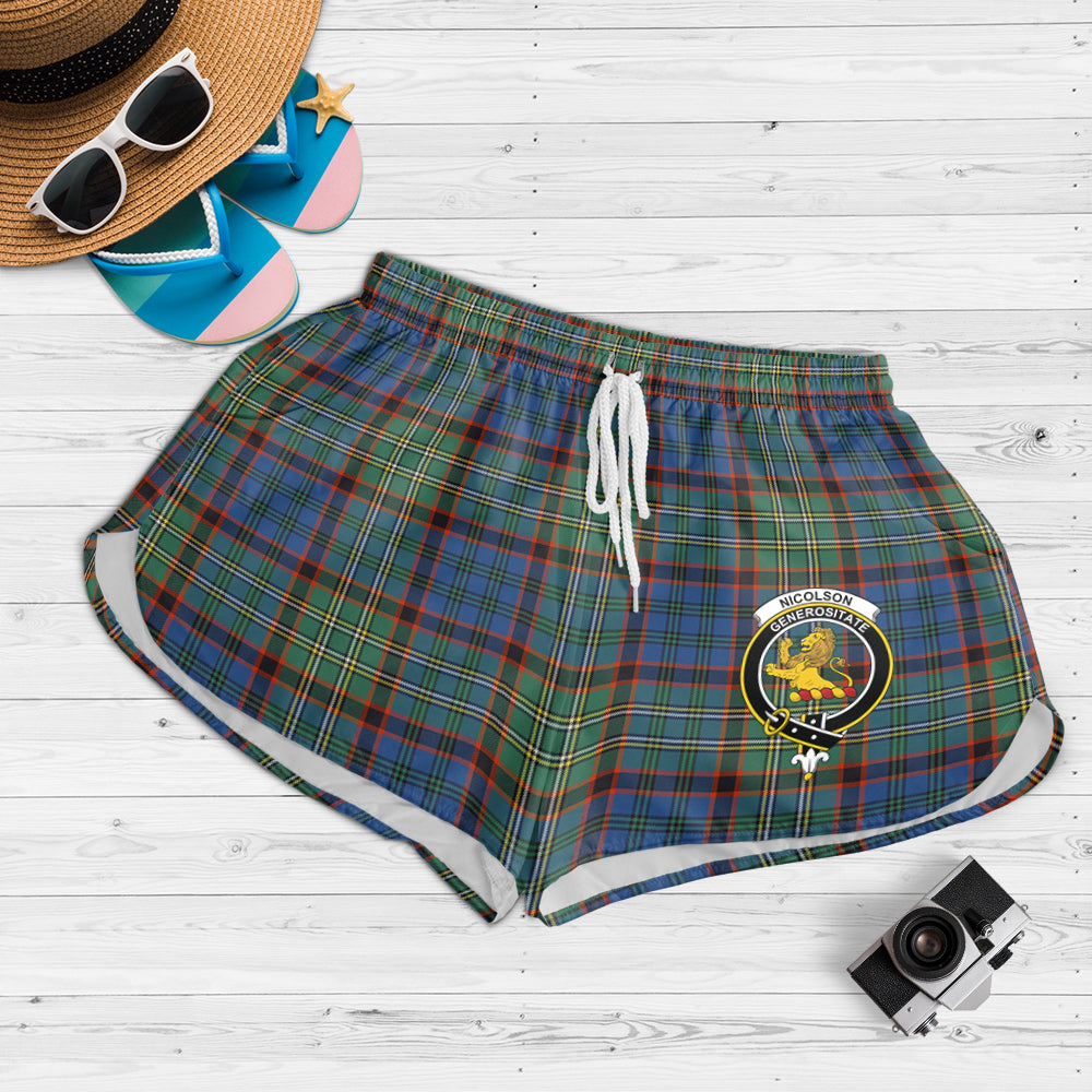 nicolson-hunting-ancient-tartan-womens-shorts-with-family-crest