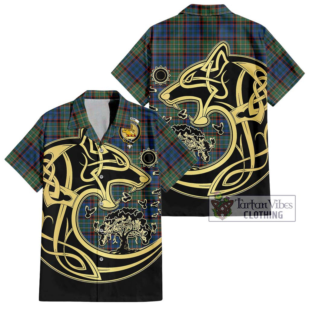 Nicolson Hunting Ancient Tartan Short Sleeve Button Shirt with Family Crest Celtic Wolf Style Kid - Tartan Vibes Clothing