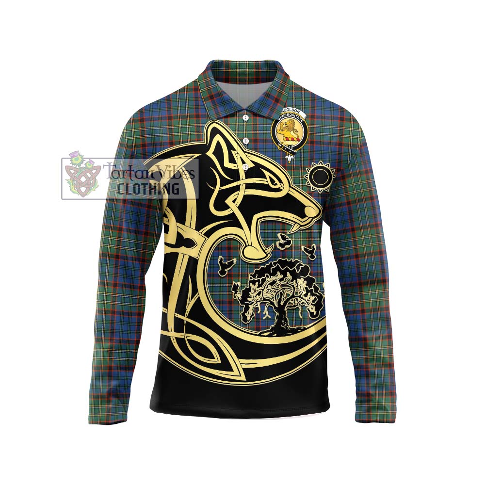 Nicolson Hunting Ancient Tartan Long Sleeve Polo Shirt with Family Crest Celtic Wolf Style Unisex - Tartanvibesclothing Shop