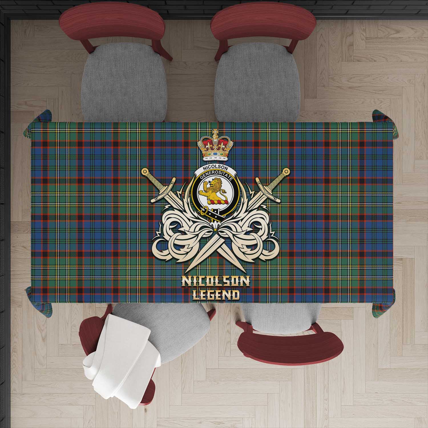 Tartan Vibes Clothing Nicolson Hunting Ancient Tartan Tablecloth with Clan Crest and the Golden Sword of Courageous Legacy