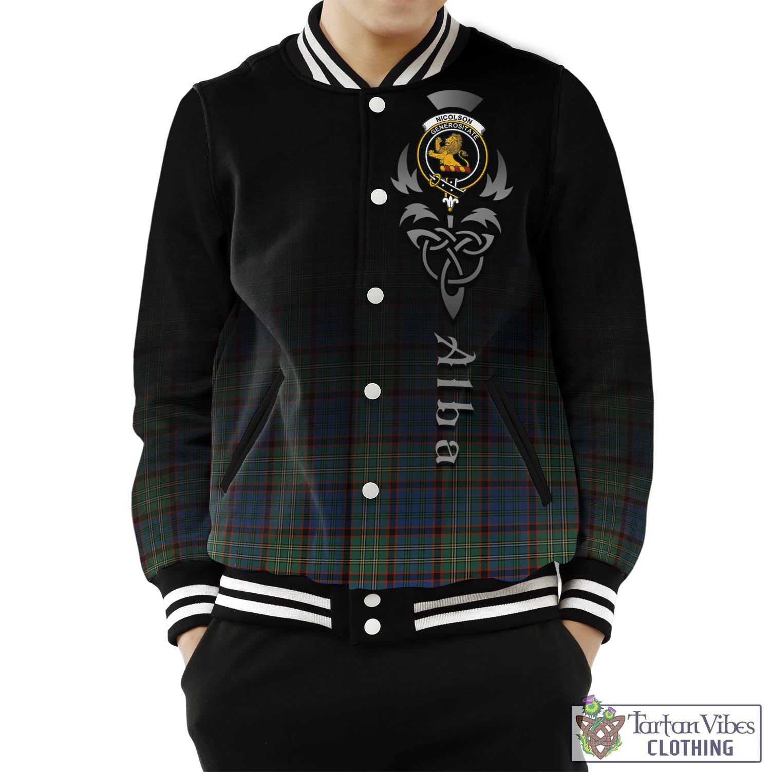 Tartan Vibes Clothing Nicolson Hunting Ancient Tartan Baseball Jacket Featuring Alba Gu Brath Family Crest Celtic Inspired