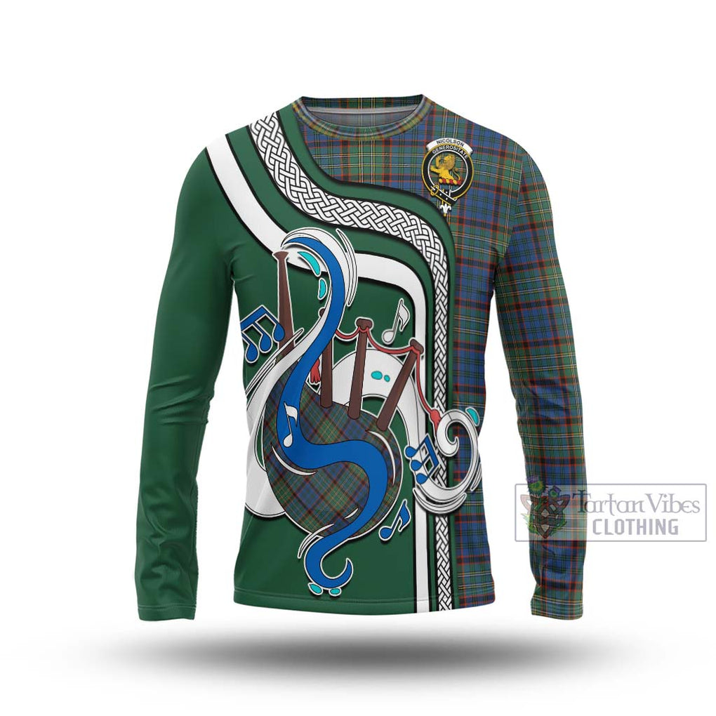 Tartan Vibes Clothing Nicolson Hunting Ancient Tartan Long Sleeve T-Shirt with Epic Bagpipe Style