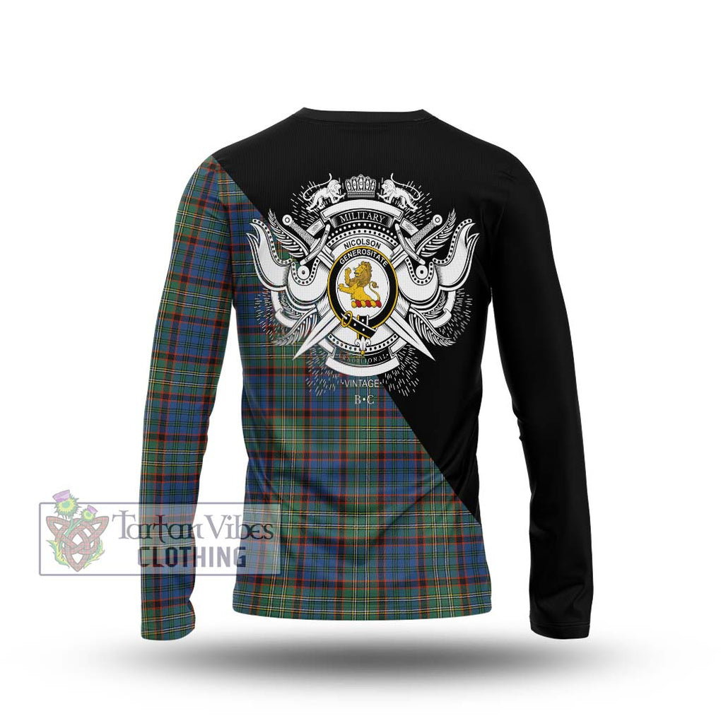 Nicolson Hunting Ancient Tartan Long Sleeve T-Shirt with Family Crest and Military Logo Style - Tartanvibesclothing Shop