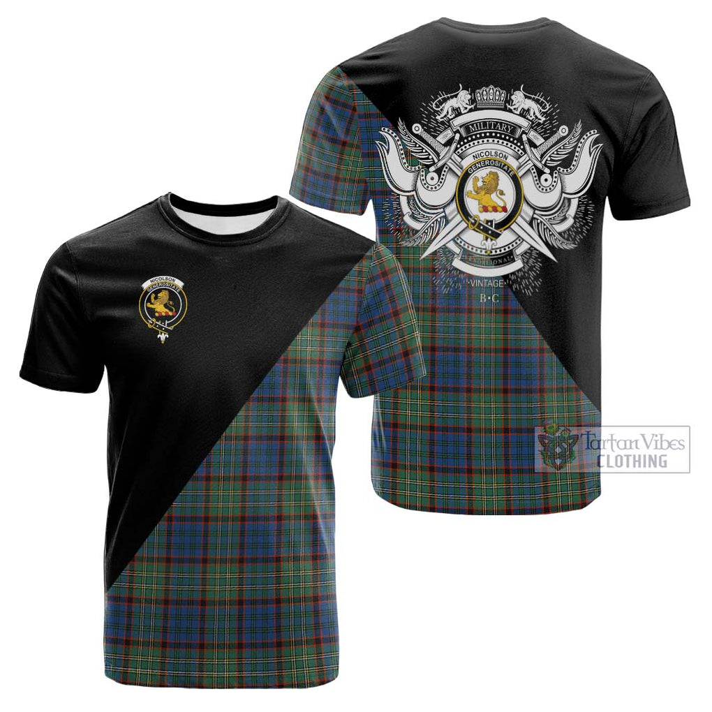 Tartan Vibes Clothing Nicolson Hunting Ancient Tartan Cotton T-shirt with Family Crest and Military Logo Style