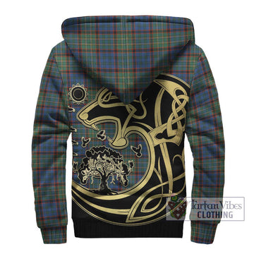 Nicolson Hunting Ancient Tartan Sherpa Hoodie with Family Crest Celtic Wolf Style