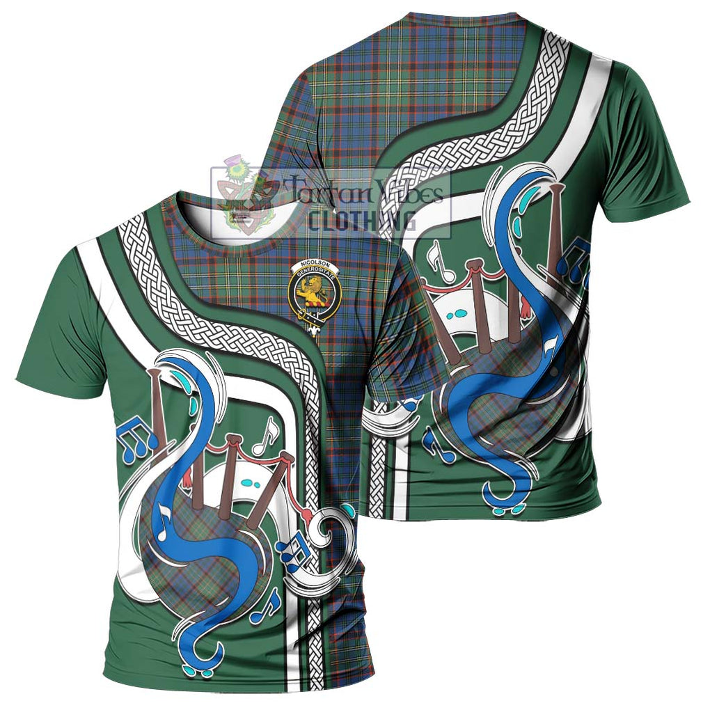 Nicolson Hunting Ancient Tartan T-Shirt with Epic Bagpipe Style - Tartanvibesclothing Shop