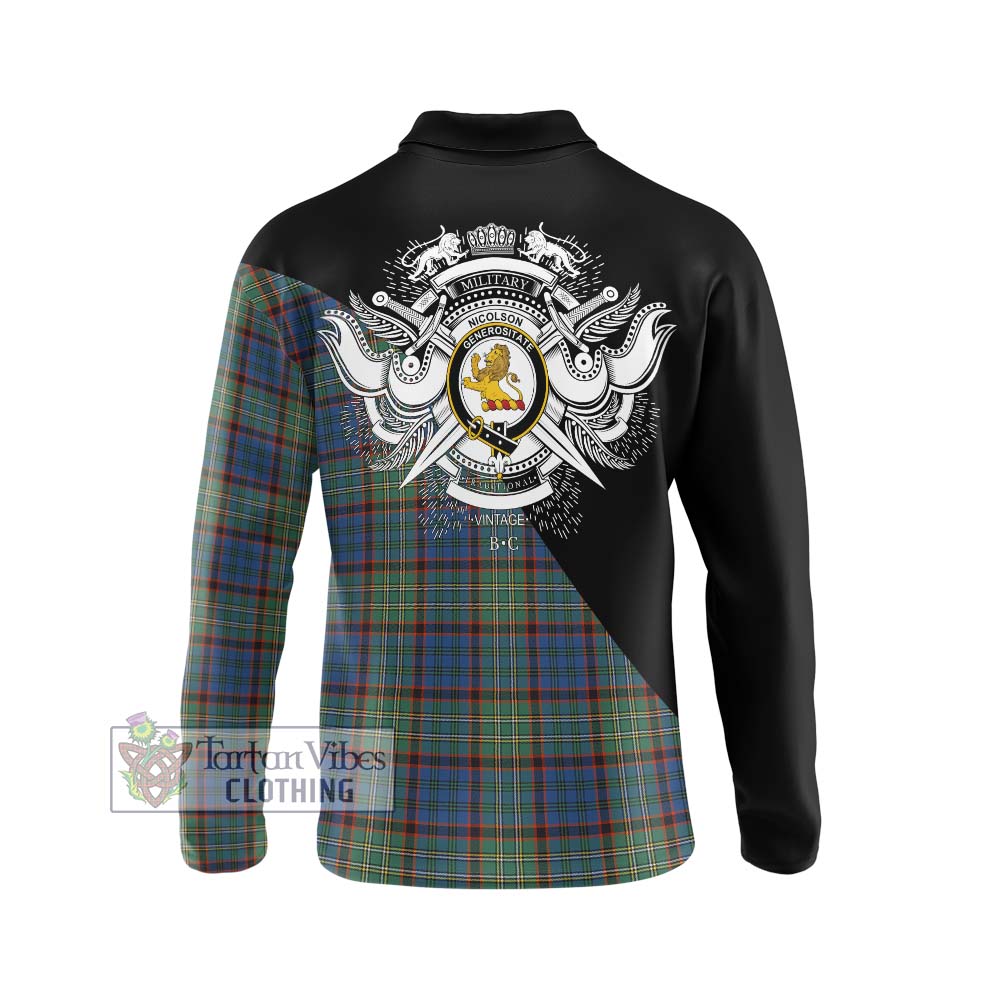 Nicolson Hunting Ancient Tartan Long Sleeve Polo Shirt with Family Crest and Military Logo Style - Tartanvibesclothing Shop