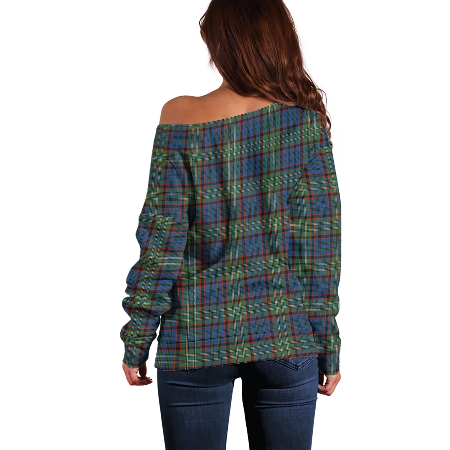 Nicolson Hunting Ancient Tartan Off Shoulder Women Sweater with Family Crest - Tartanvibesclothing