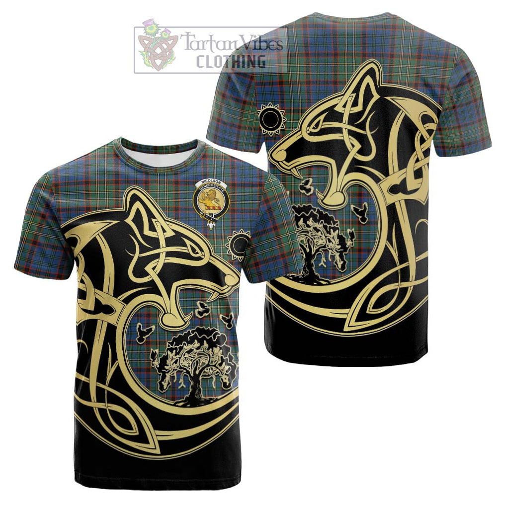 Tartan Vibes Clothing Nicolson Hunting Ancient Tartan Cotton T-shirt with Family Crest Celtic Wolf Style