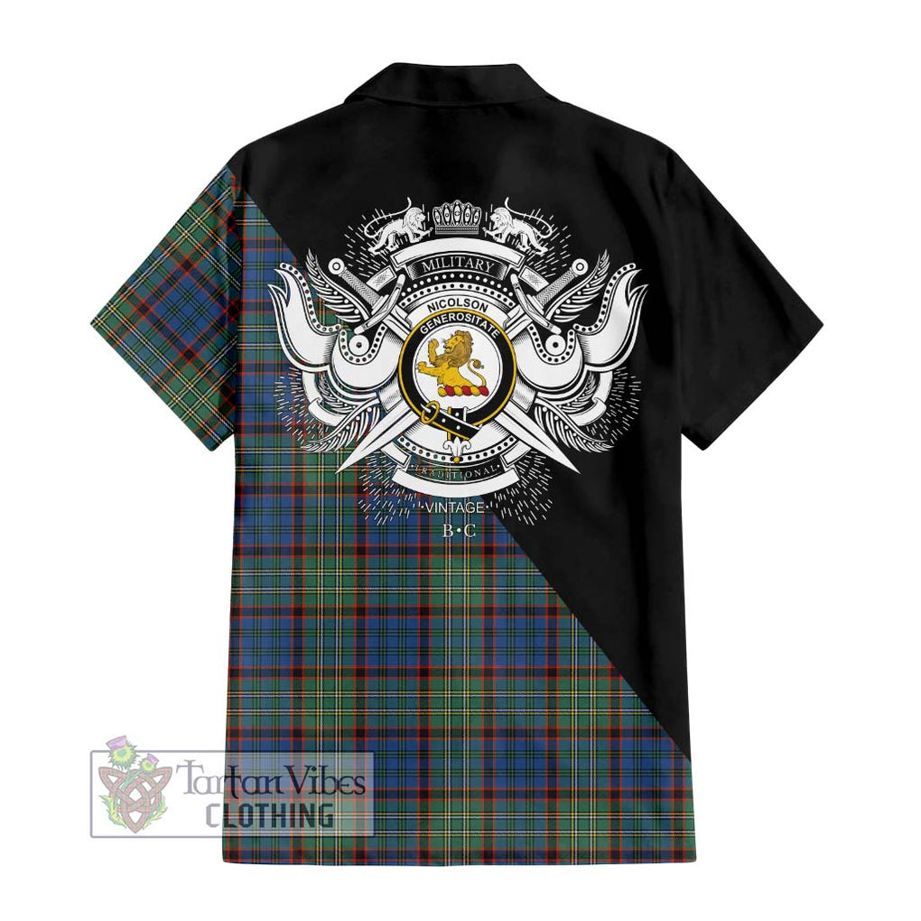 Nicolson Hunting Ancient Tartan Short Sleeve Button Shirt with Family Crest and Military Logo Style - Tartanvibesclothing Shop