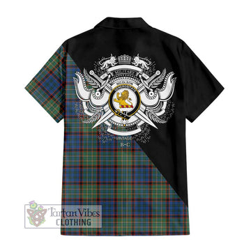 Nicolson Hunting Ancient Tartan Short Sleeve Button Shirt with Family Crest and Military Logo Style