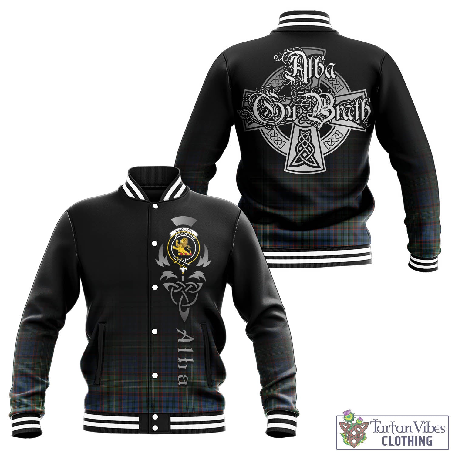 Tartan Vibes Clothing Nicolson Hunting Ancient Tartan Baseball Jacket Featuring Alba Gu Brath Family Crest Celtic Inspired