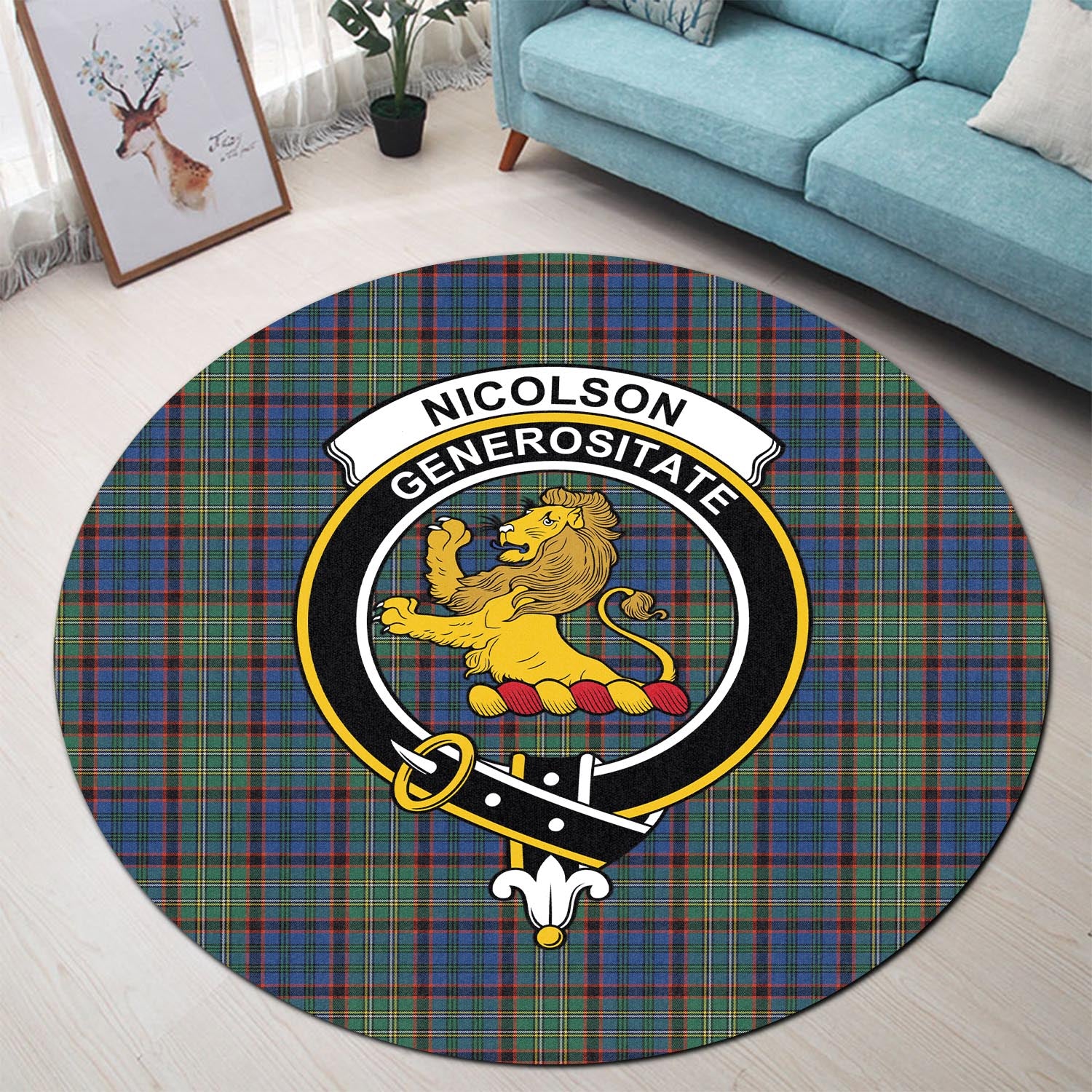 nicolson-hunting-ancient-tartan-round-rug-with-family-crest