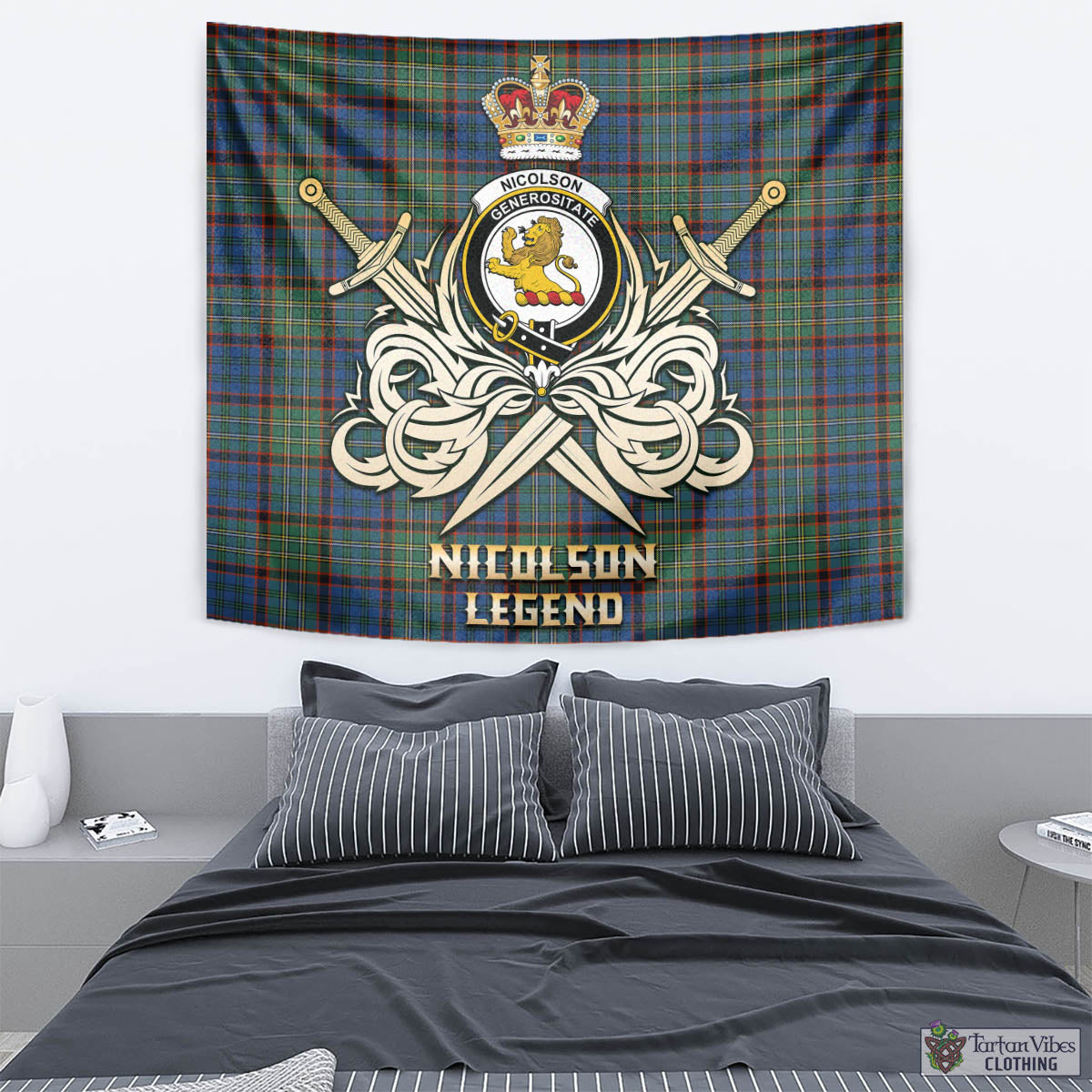 Tartan Vibes Clothing Nicolson Hunting Ancient Tartan Tapestry with Clan Crest and the Golden Sword of Courageous Legacy