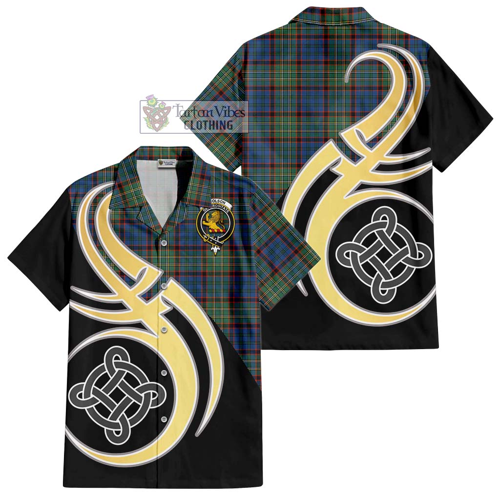 Nicolson Hunting Ancient Tartan Short Sleeve Button Shirt with Family Crest and Celtic Symbol Style - Tartan Vibes Clothing