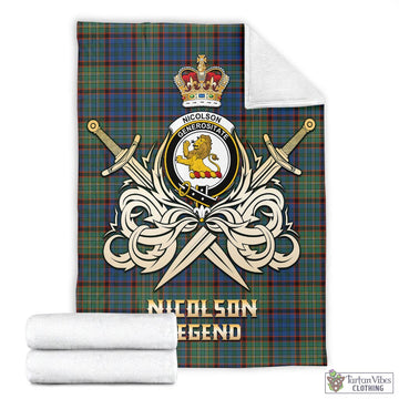 Nicolson Hunting Ancient Tartan Blanket with Clan Crest and the Golden Sword of Courageous Legacy