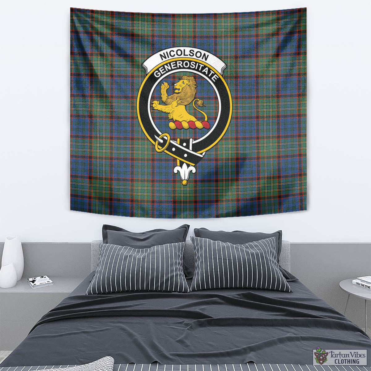 Tartan Vibes Clothing Nicolson Hunting Ancient Tartan Tapestry Wall Hanging and Home Decor for Room with Family Crest