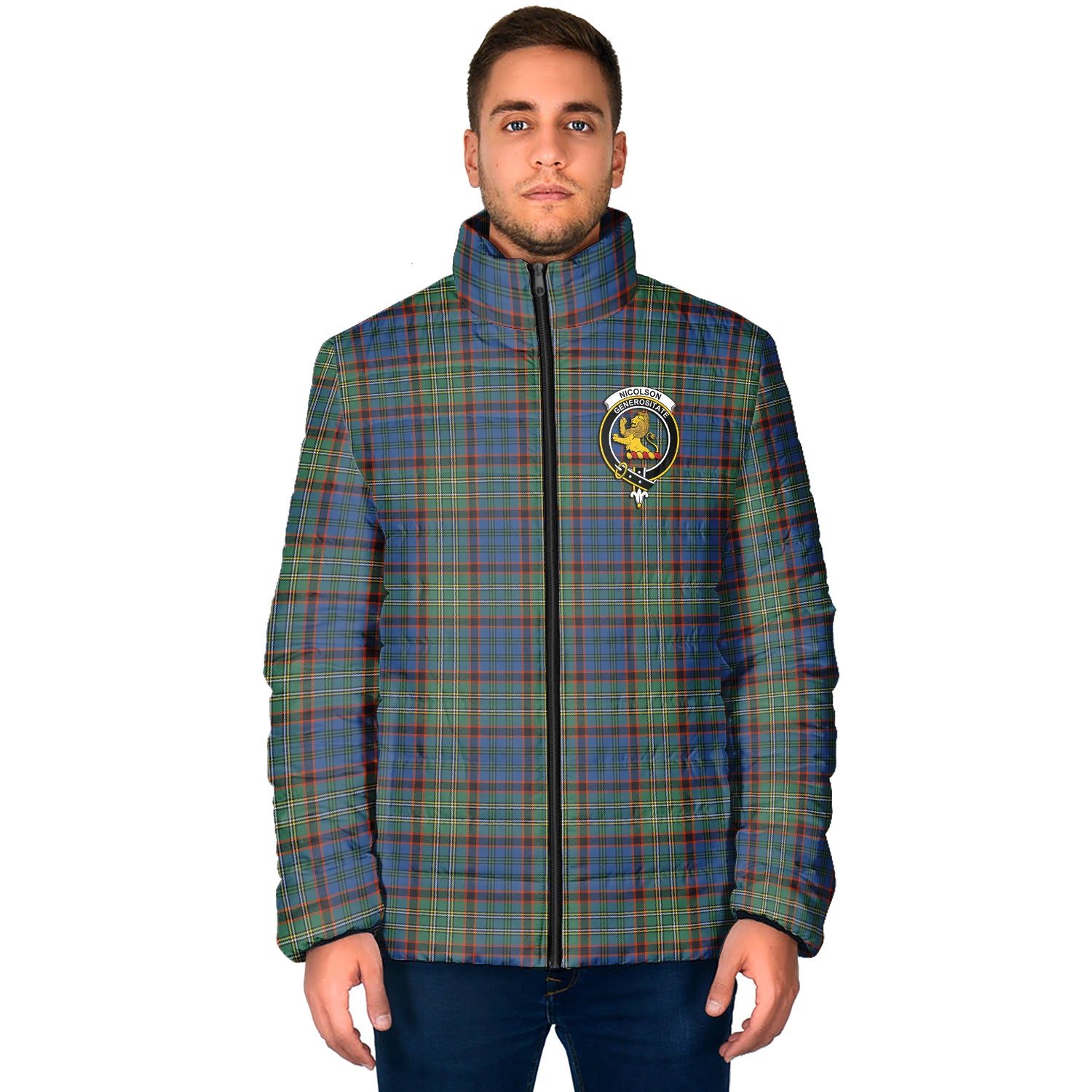 Nicolson Hunting Ancient Tartan Padded Jacket with Family Crest - Tartan Vibes Clothing