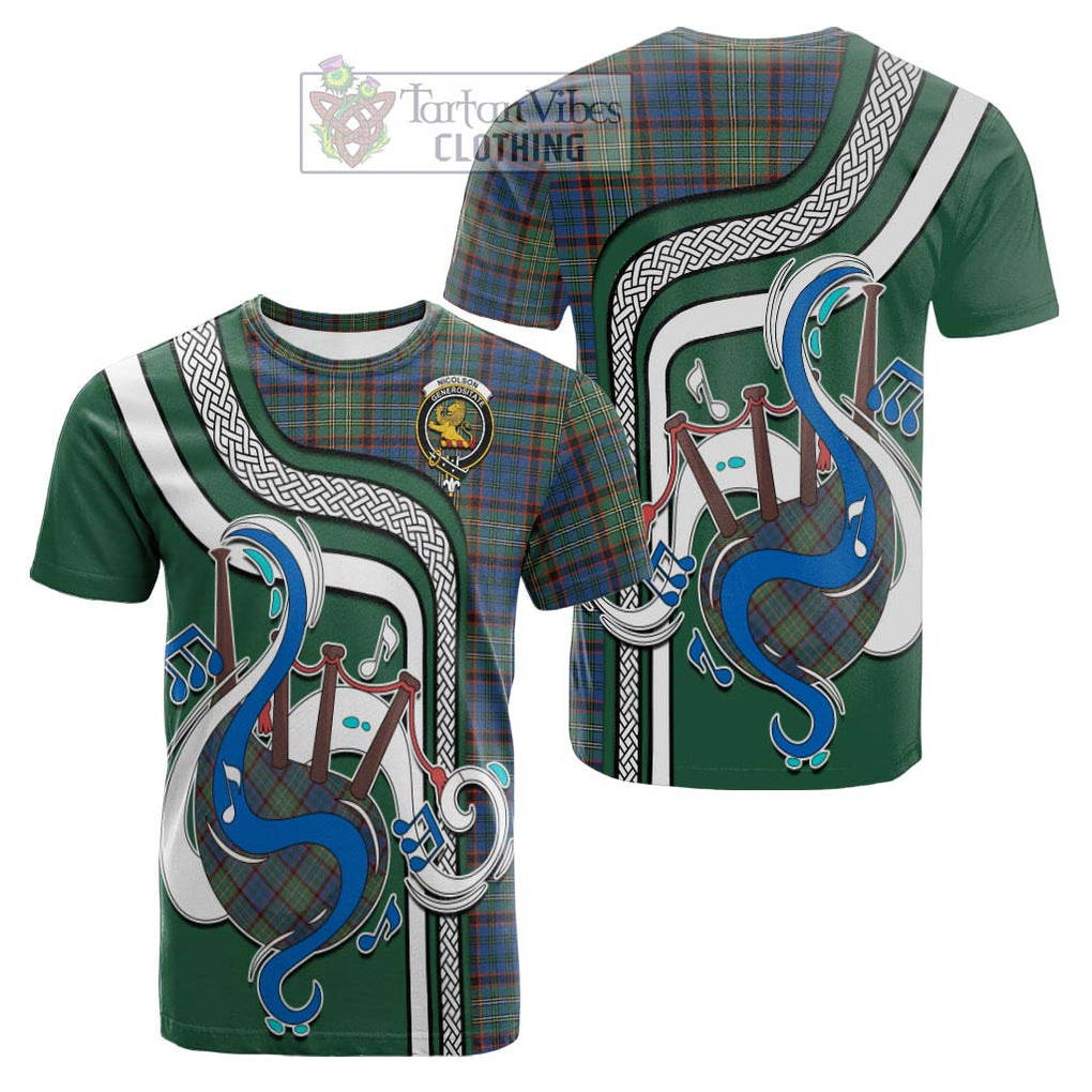 Tartan Vibes Clothing Nicolson Hunting Ancient Tartan Cotton T-shirt with Epic Bagpipe Style