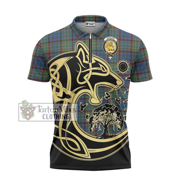 Nicolson Hunting Ancient Tartan Zipper Polo Shirt with Family Crest Celtic Wolf Style