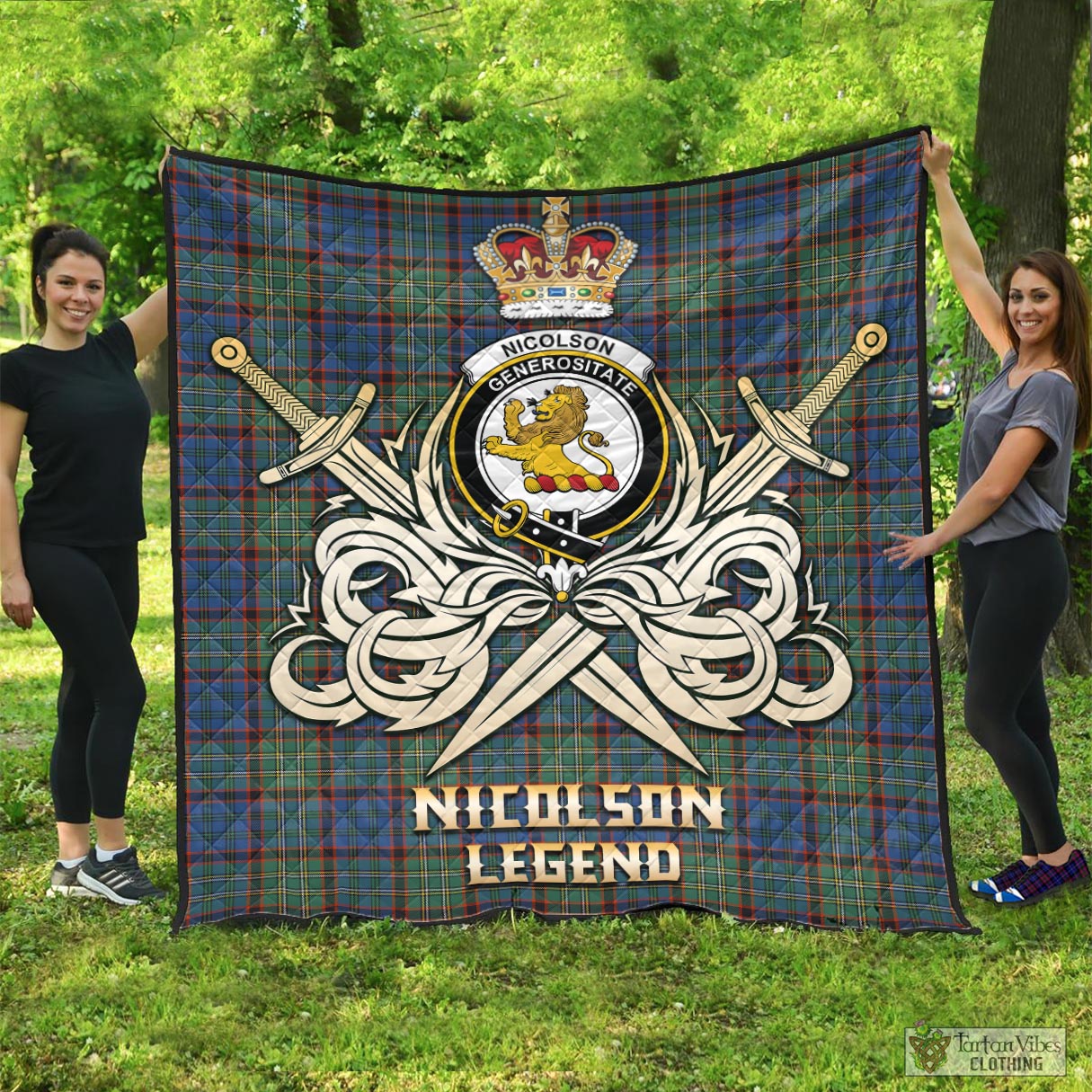 Tartan Vibes Clothing Nicolson Hunting Ancient Tartan Quilt with Clan Crest and the Golden Sword of Courageous Legacy