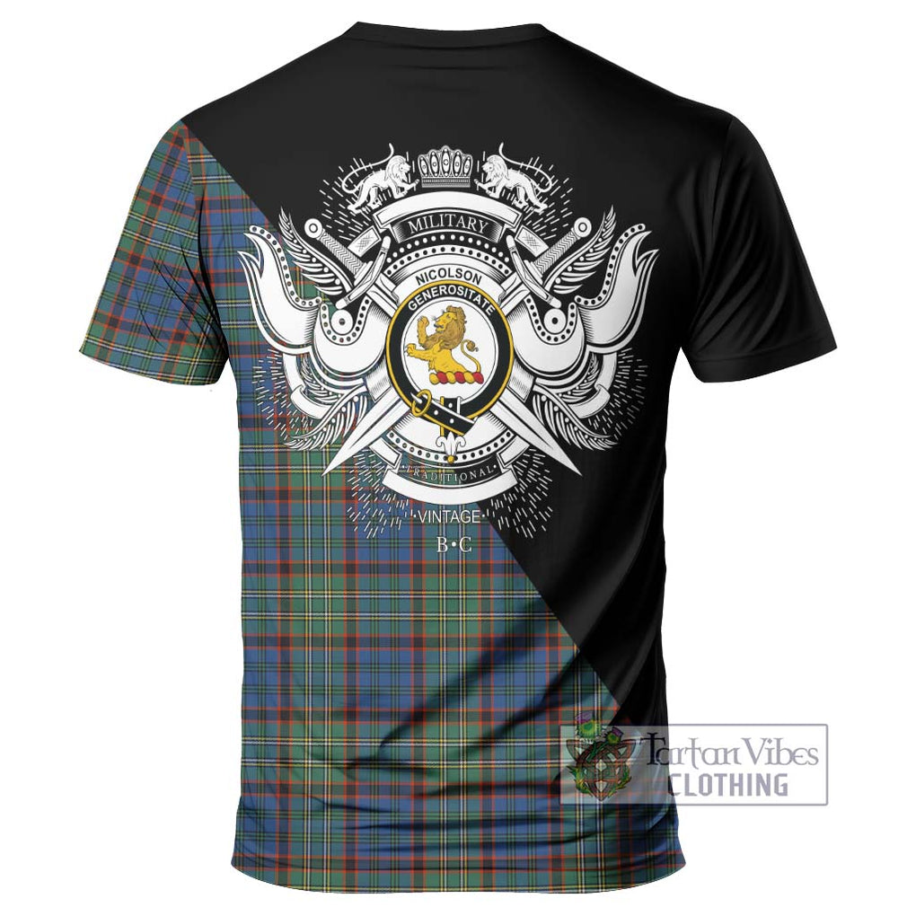 Nicolson Hunting Ancient Tartan T-Shirt with Family Crest and Military Logo Style - Tartanvibesclothing Shop