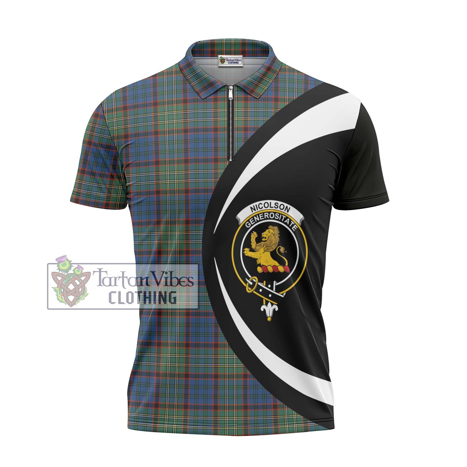 Tartan Vibes Clothing Nicolson Hunting Ancient Tartan Zipper Polo Shirt with Family Crest Circle Style