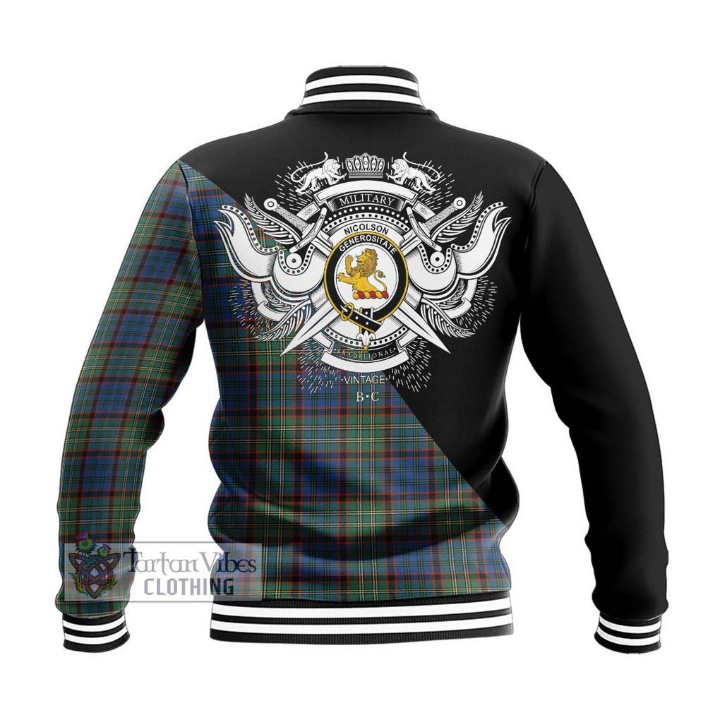 Nicolson Hunting Ancient Tartan Baseball Jacket with Family Crest and Military Logo Style - Tartanvibesclothing Shop