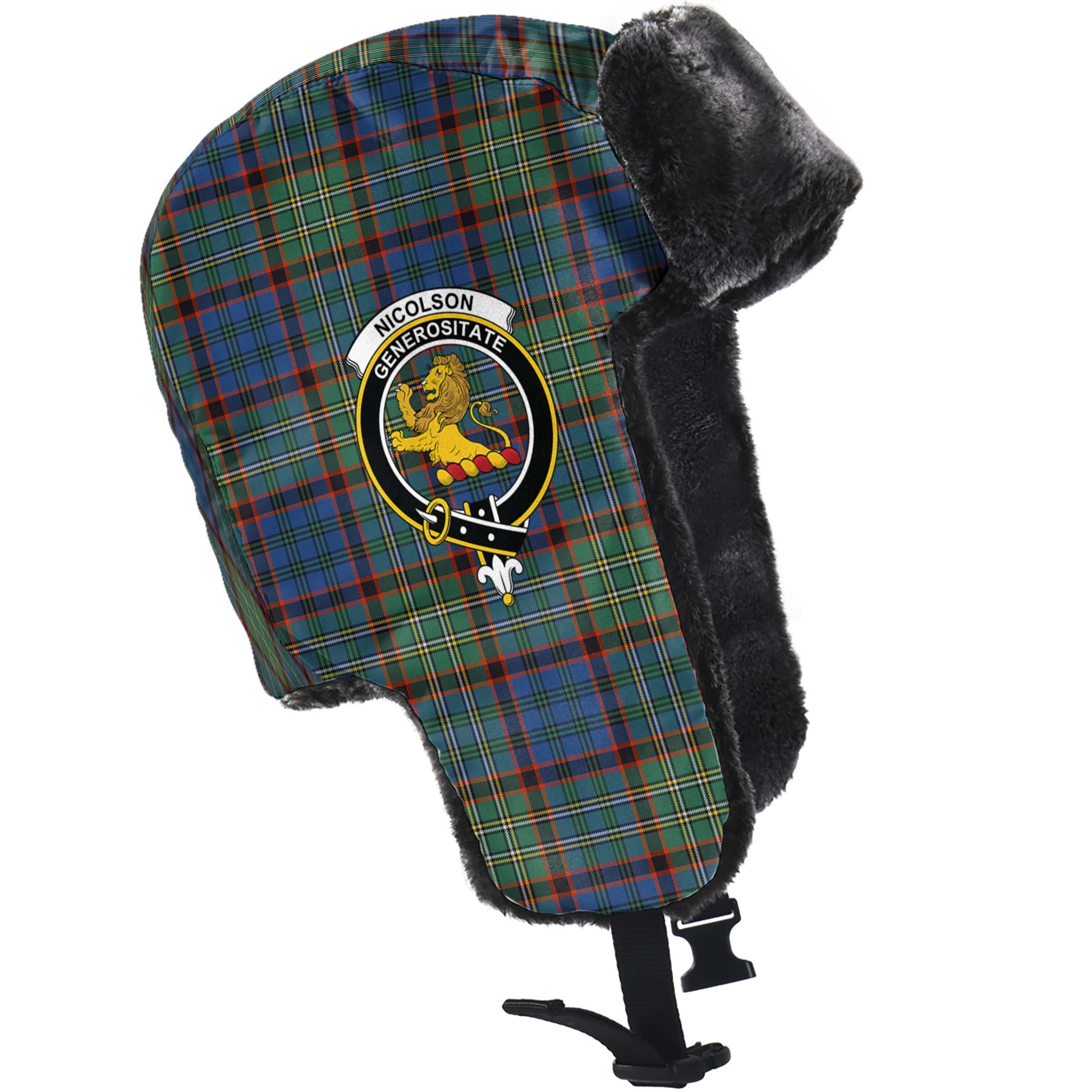 Nicolson Hunting Ancient Tartan Winter Trapper Hat with Family Crest - Tartanvibesclothing