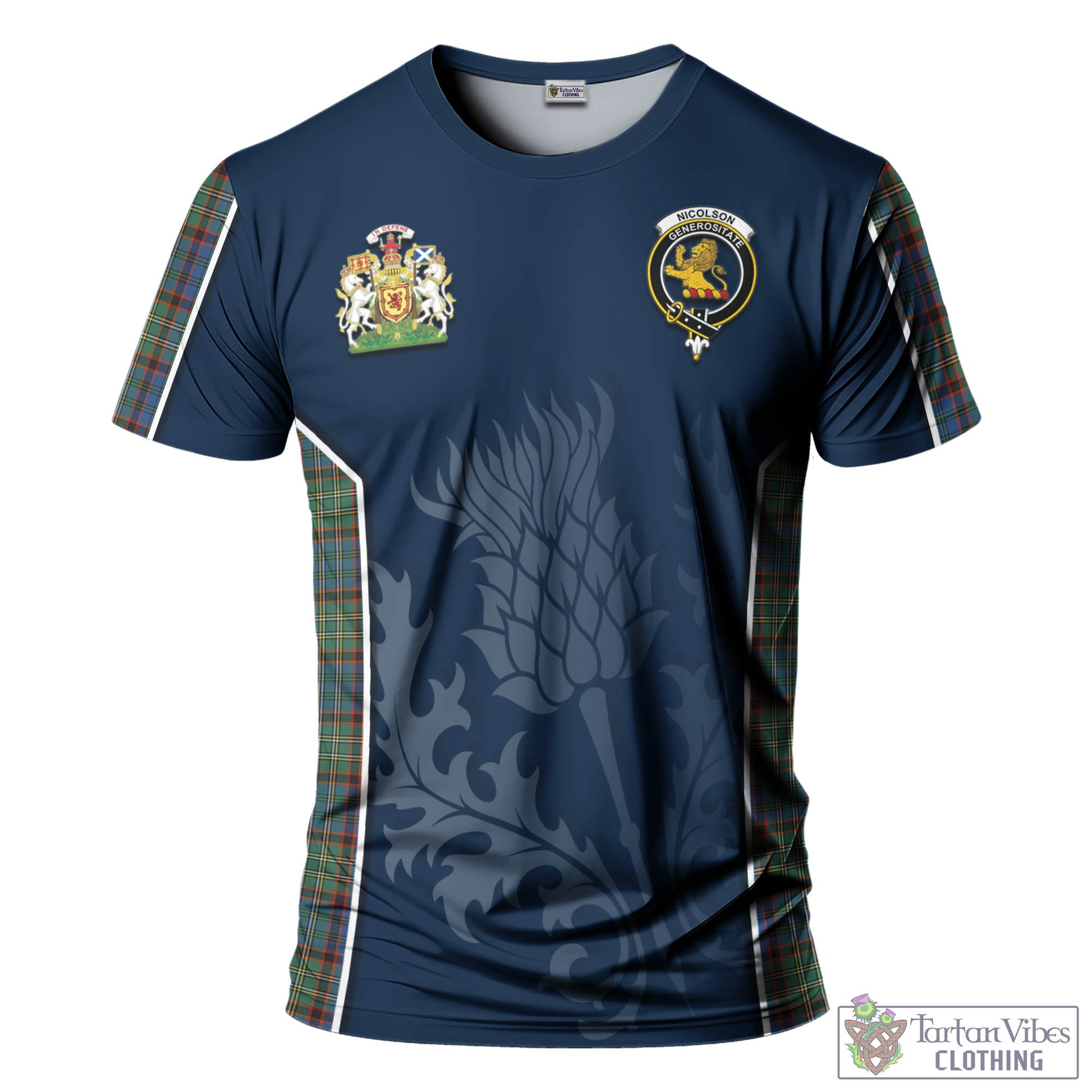 Tartan Vibes Clothing Nicolson Hunting Ancient Tartan T-Shirt with Family Crest and Scottish Thistle Vibes Sport Style