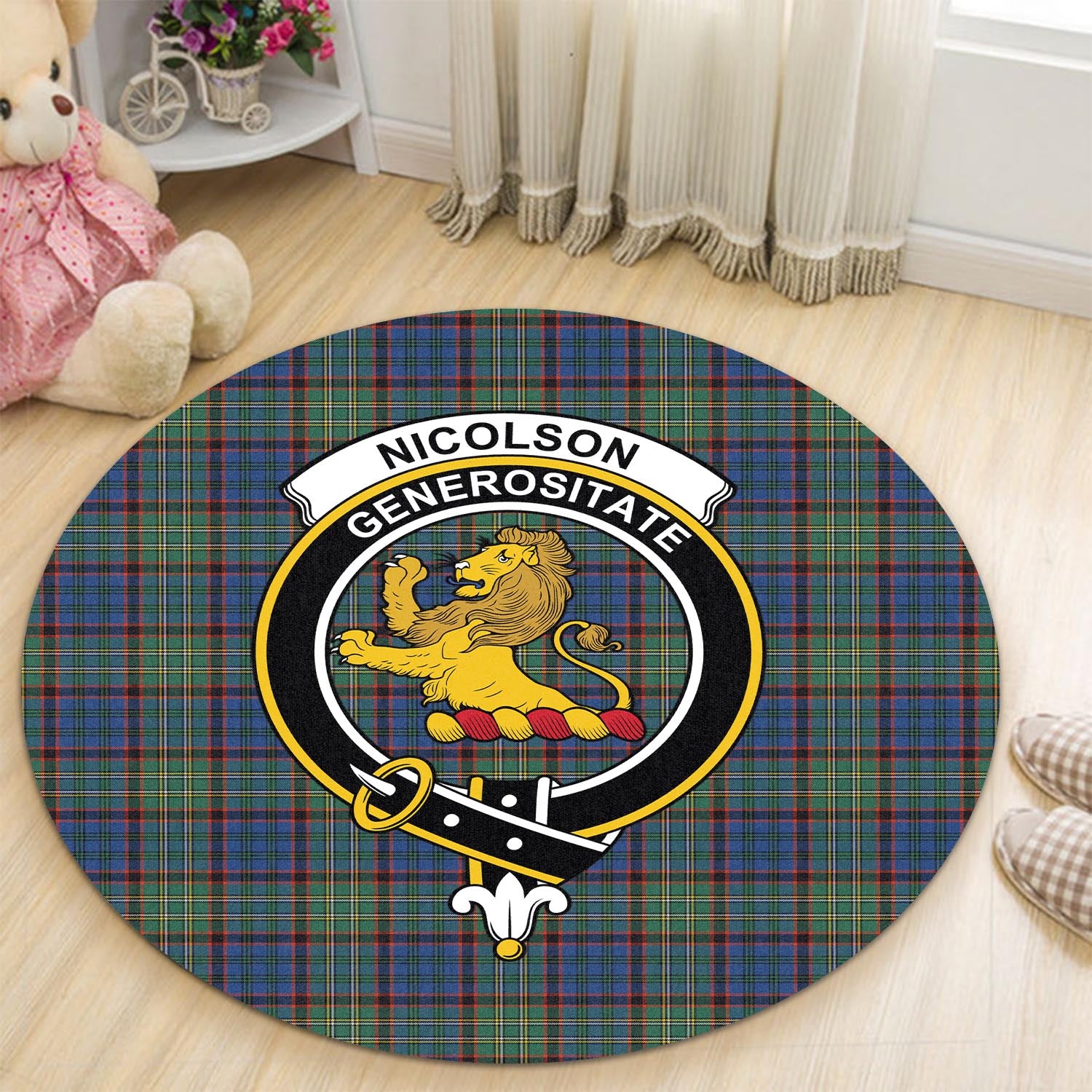 nicolson-hunting-ancient-tartan-round-rug-with-family-crest