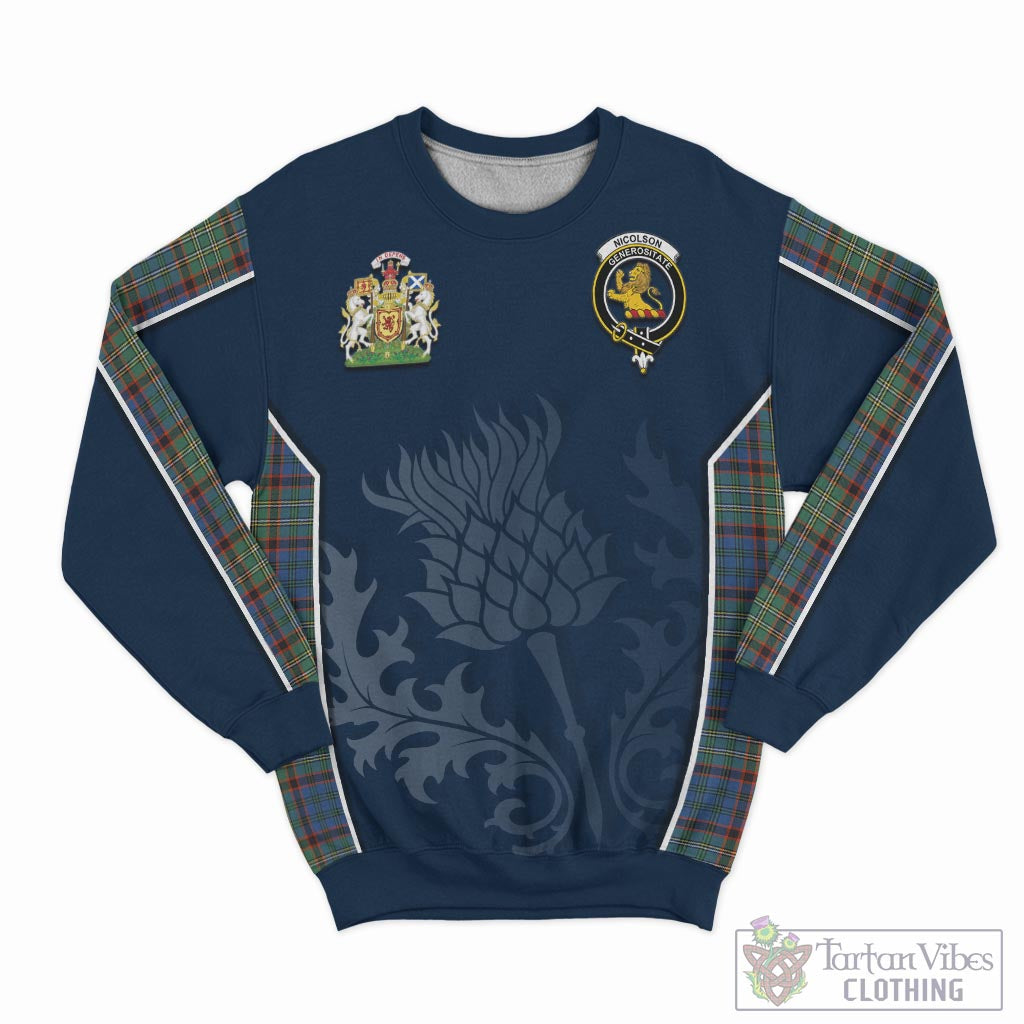 Tartan Vibes Clothing Nicolson Hunting Ancient Tartan Sweatshirt with Family Crest and Scottish Thistle Vibes Sport Style