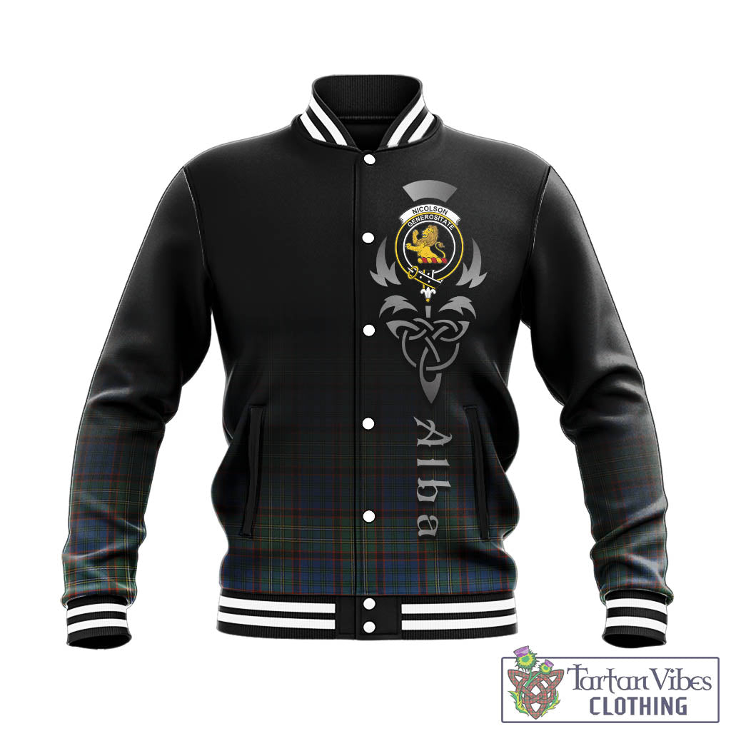 Tartan Vibes Clothing Nicolson Hunting Ancient Tartan Baseball Jacket Featuring Alba Gu Brath Family Crest Celtic Inspired