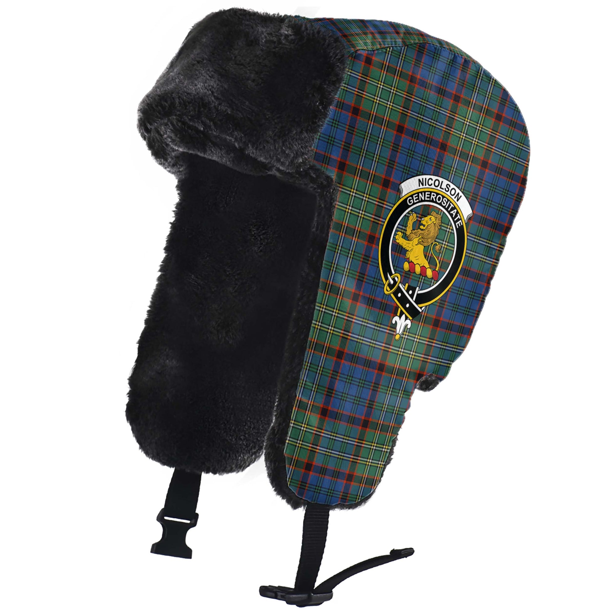 Nicolson Hunting Ancient Tartan Winter Trapper Hat with Family Crest - Tartanvibesclothing