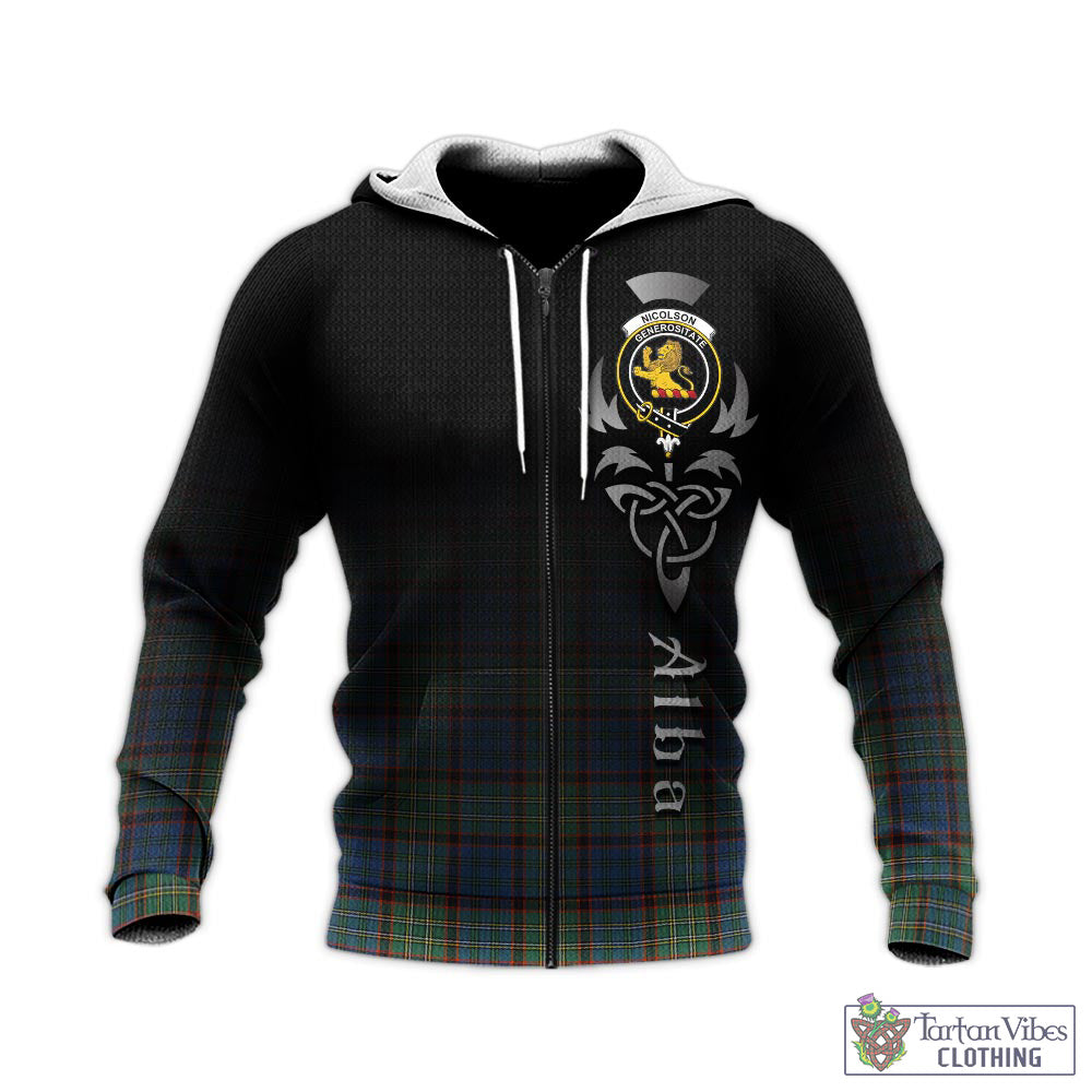 Tartan Vibes Clothing Nicolson Hunting Ancient Tartan Knitted Hoodie Featuring Alba Gu Brath Family Crest Celtic Inspired