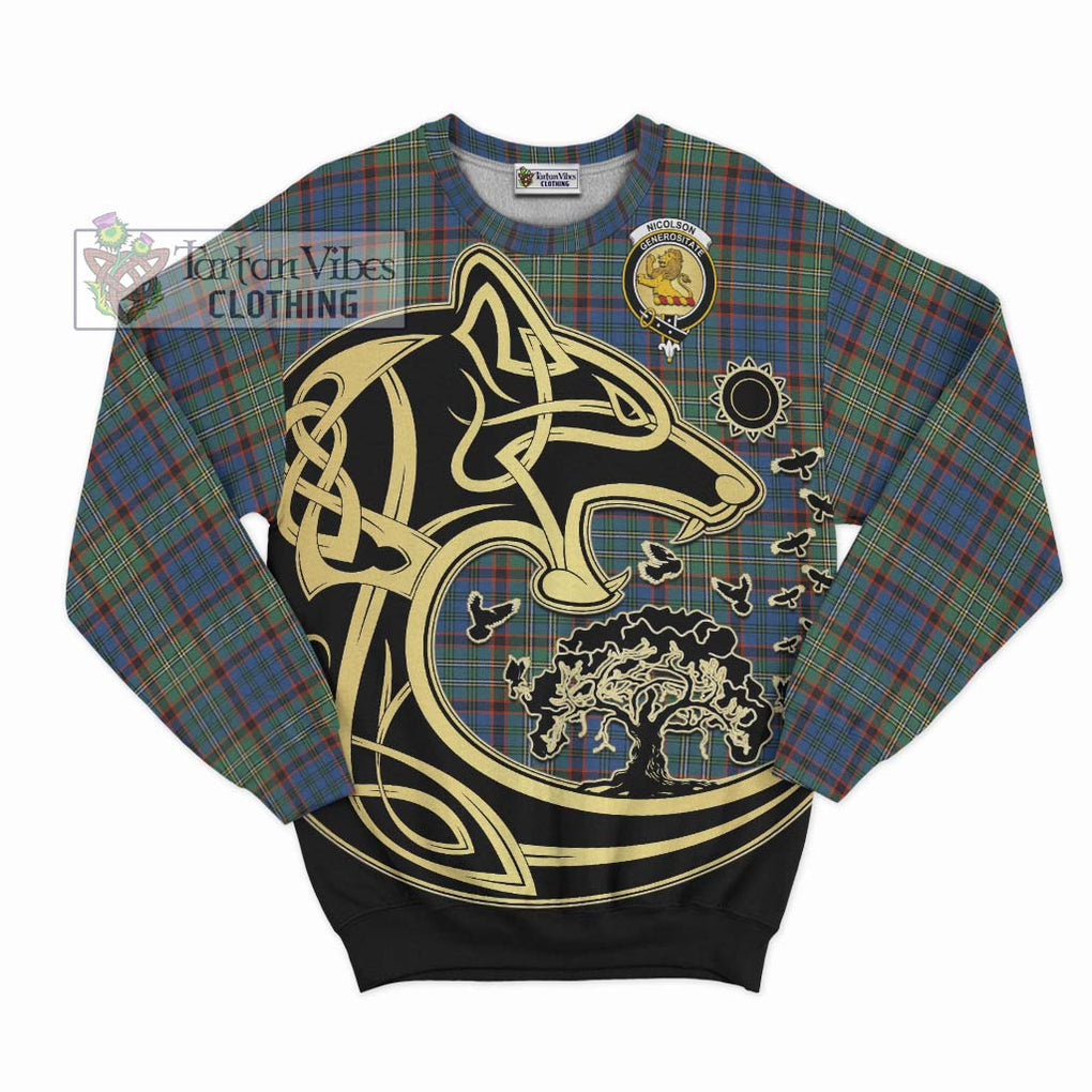 Nicolson Hunting Ancient Tartan Sweatshirt with Family Crest Celtic Wolf Style - Tartan Vibes Clothing